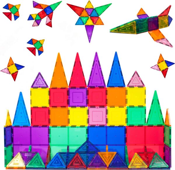 PicassoTiles 60 Piece Set 60pcs Magnet Building Tiles Clear Magnetic 3D Building Blocks Construction Playboards